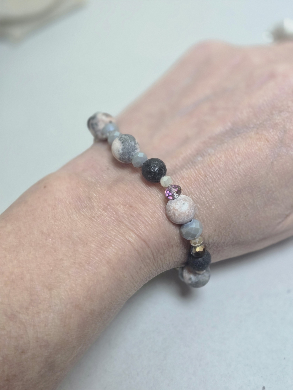 Elegant Stone Pink and Gray Beaded Stretch Bracelet
